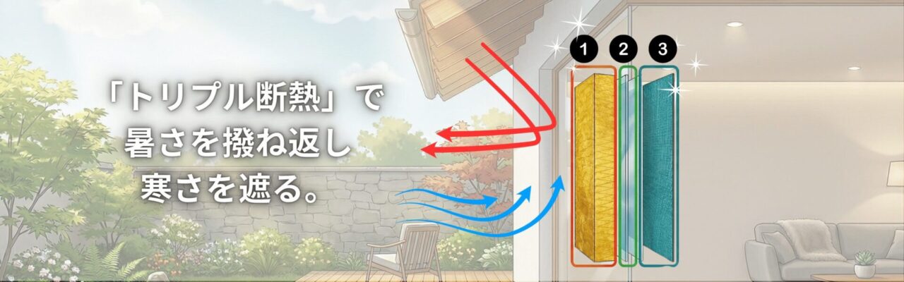 トリプル断熱-断熱材・通気層・スーパーシート。-三層のバリアが一年中快適な温度を守ります。